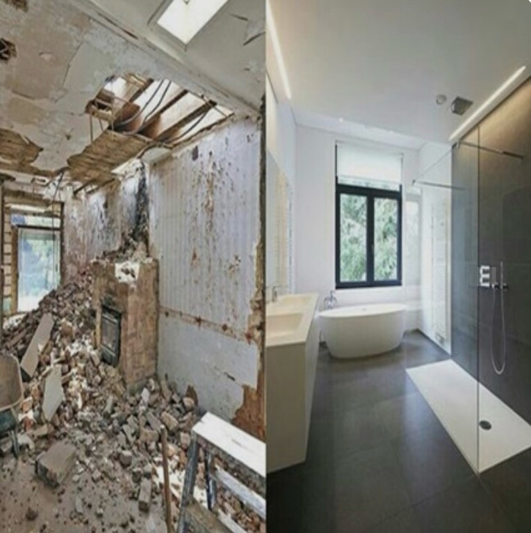 Comparación real antes y después de una reforma realizada por JSM: estancia en obra y baño terminado